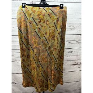 Cabi medium pull on green with dark red and yellow patterned‎ skirt - 2841